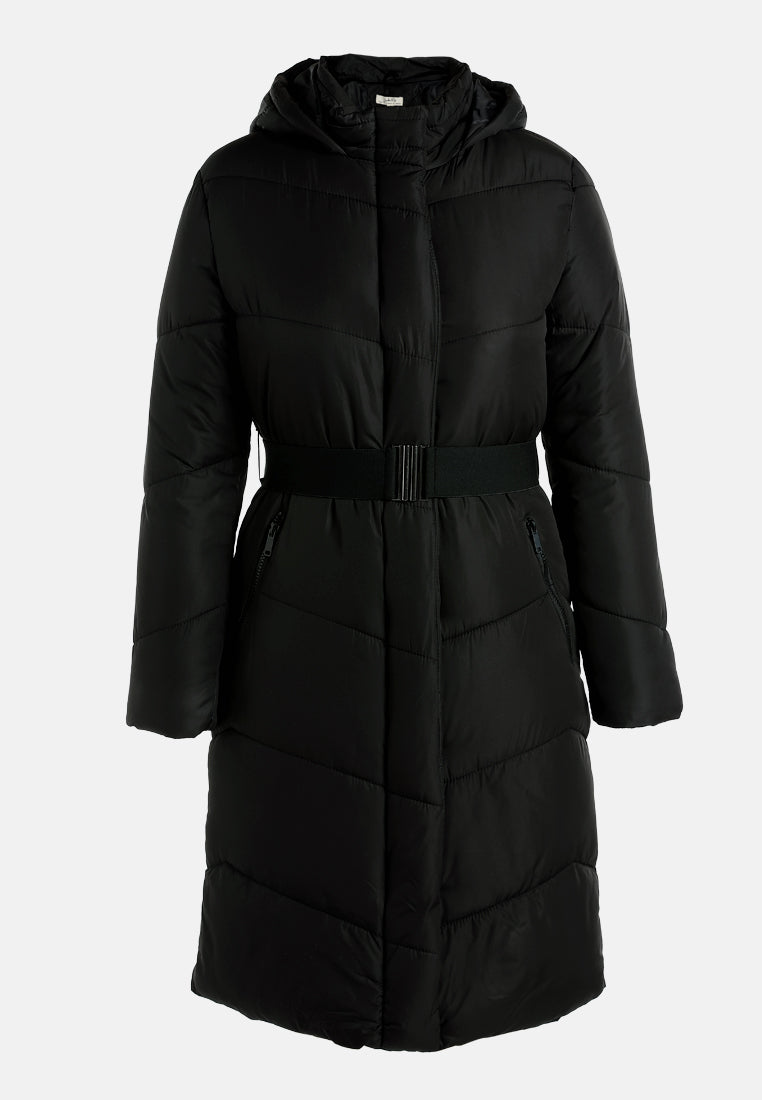 BELTED HOODED LONG PUFFER