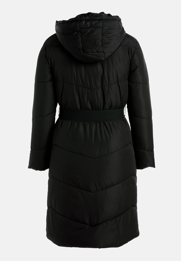 BELTED HOODED LONG PUFFER