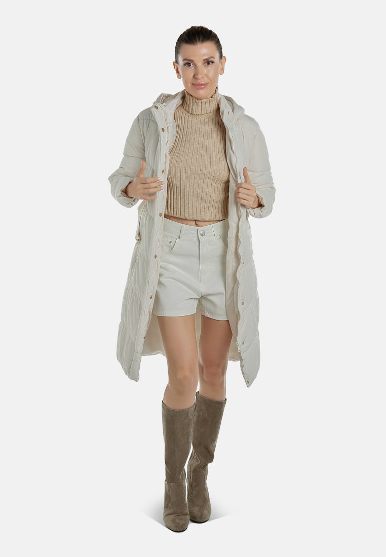 BELTED HOODED LONG PUFFER