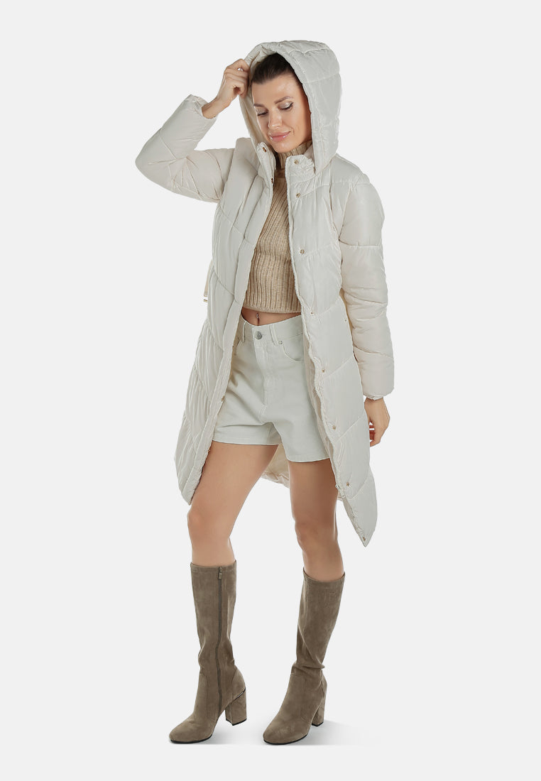 BELTED HOODED LONG PUFFER