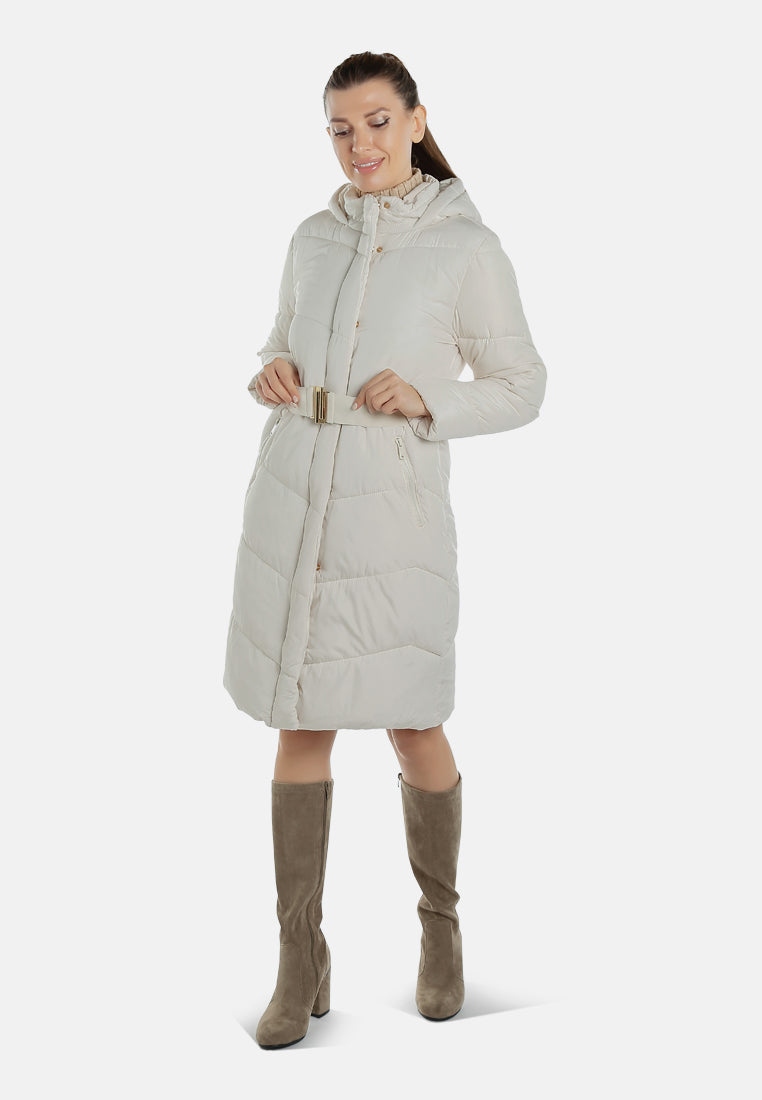 BELTED HOODED LONG PUFFER