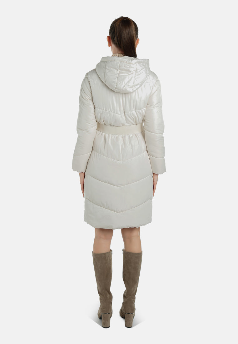 BELTED HOODED LONG PUFFER