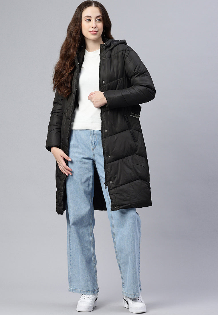 BELTED HOODED LONG PUFFER