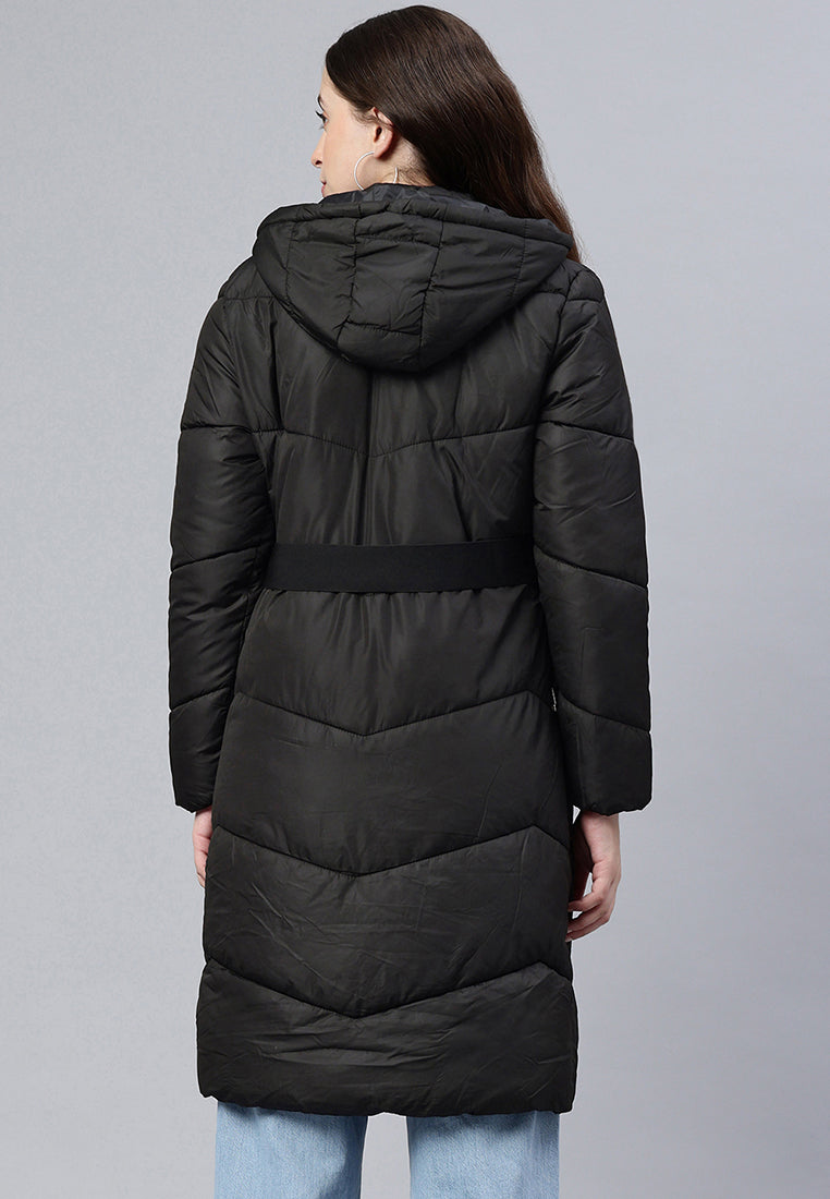 BELTED HOODED LONG PUFFER