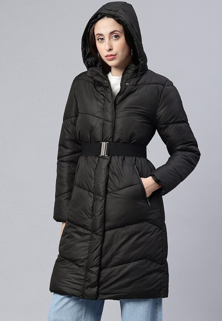 BELTED HOODED LONG PUFFER