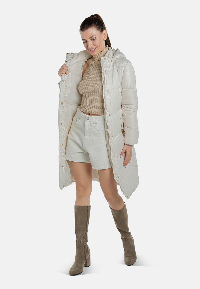 BELTED HOODED LONG PUFFER