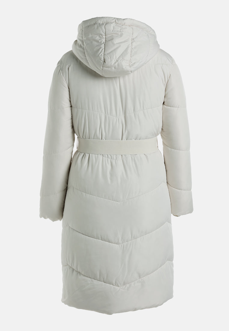 BELTED HOODED LONG PUFFER