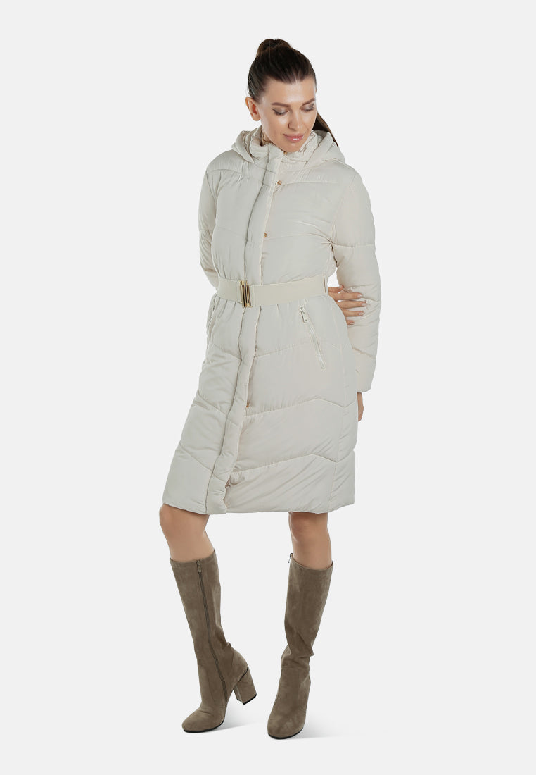 BELTED HOODED LONG PUFFER