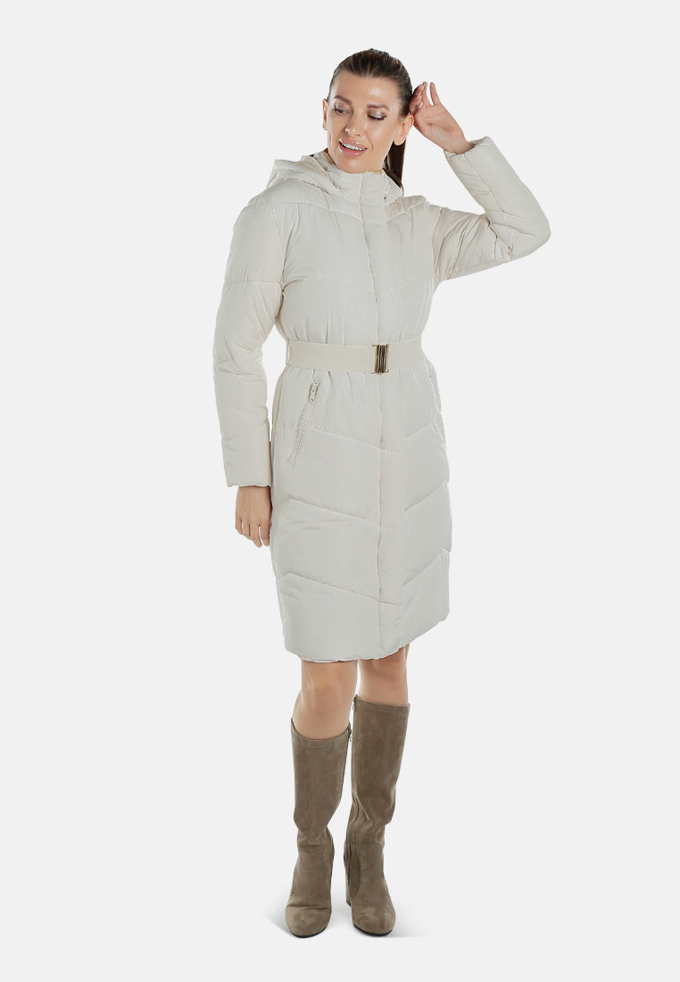 BELTED HOODED LONG PUFFER
