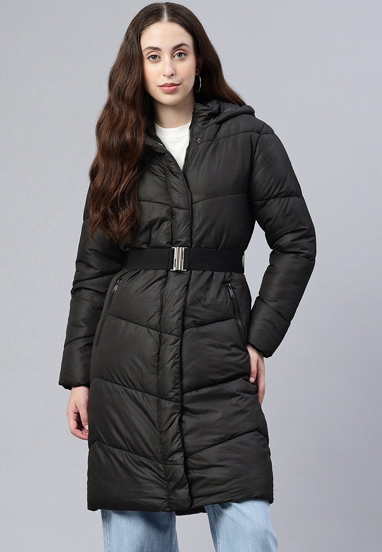 BELTED HOODED LONG PUFFER